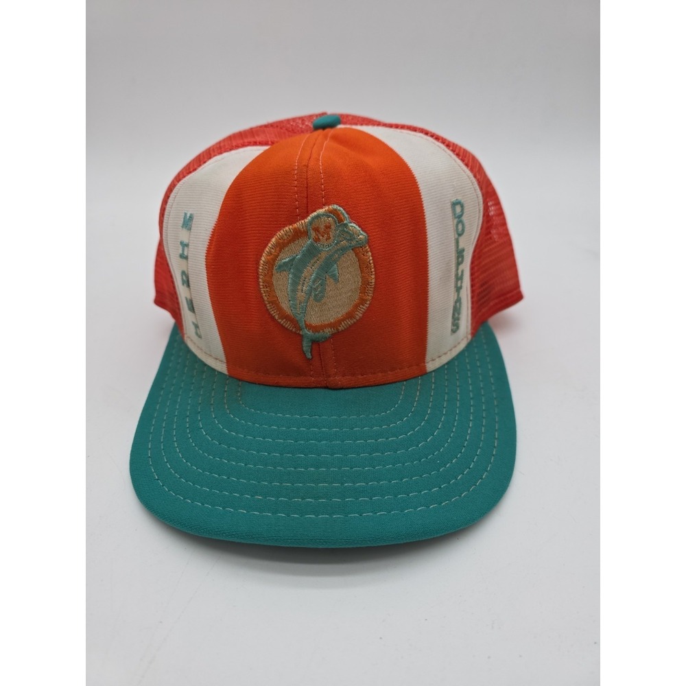 Vtg 80s Miami Dolphins Lucky Stripes Mesh Snapback Trucker Hat Orange Teal USA